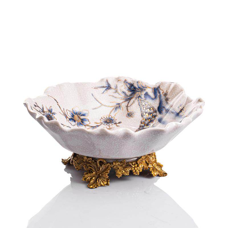 美式陶瓷镶铜装饰茶几水果盘创意古典孔雀描金客厅工艺品果盘摆件
