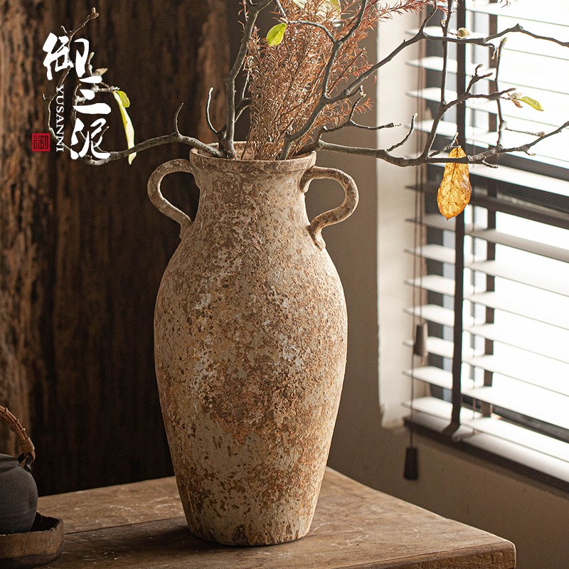 景德镇纯手工怀旧文艺侘寂风复古粗陶花器客厅玄关民宿插干花花瓶