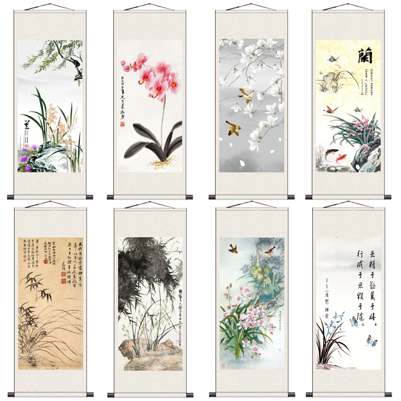 蝴蝶兰花鸟画丝绸画客厅家居装饰画已装裱可定制卷轴挂画条幅国画图片