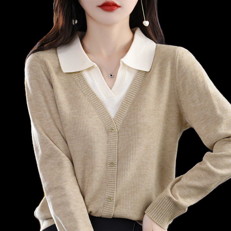 2024时尚上衣洋气显瘦翻领针织衫外穿假两件开衫POLO领薄款毛衣