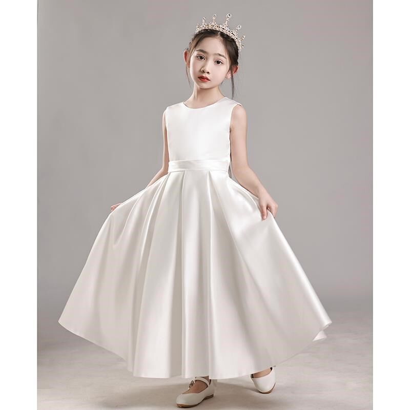 白色高端儿童礼服女童公主裙生日合唱朗诵钢琴演奏演出服缎面大童