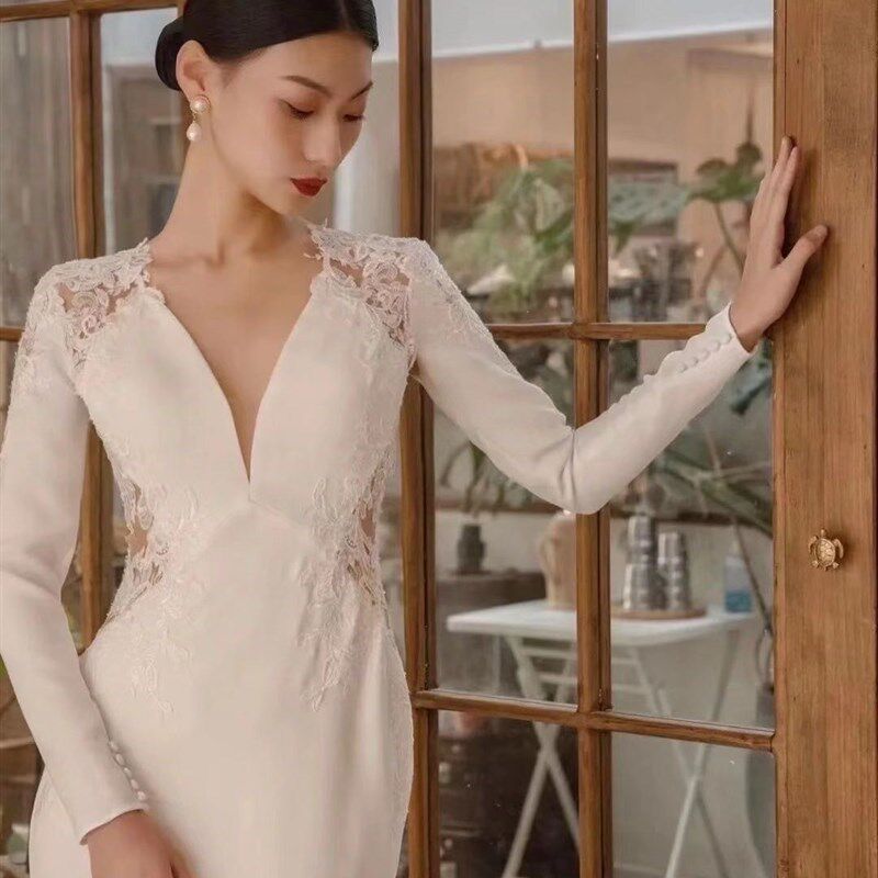 轻婚纱2022新款小众轻奢礼服显瘦新娘结婚森系旅拍鱼尾出门纱拖尾