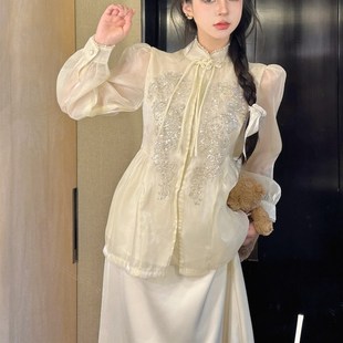 大码胖mm新中式国风高级感盘扣上衣半身裙女早秋气质改良两件套装