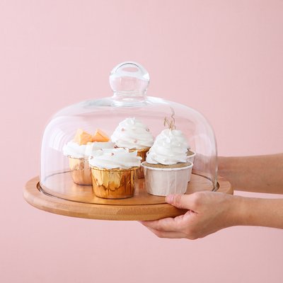 木质高脚防尘玻璃罩蛋糕盘套装平盘水果蛋糕架下午茶点心试吃托盘