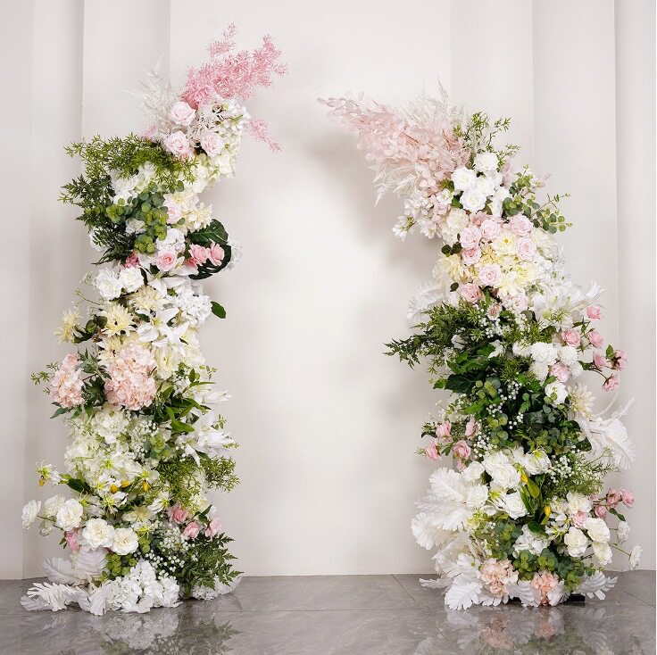 绿粉牛角拱门 仿真花束摆件布置婚礼装饰新款 假花舞台迎宾背景花
