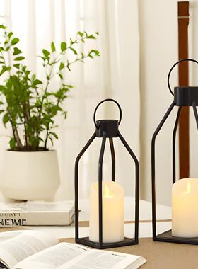 跨境客厅装饰灯笼黑色金属灯笼前廊室内装饰带LED蜡烛灯笼装饰