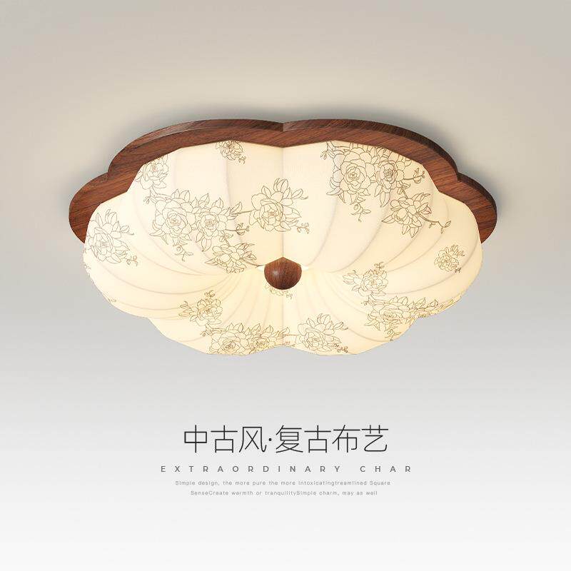 卧室灯法式胡桃色中古风布艺房间吊灯餐厅灯复古宋式美学主卧灯