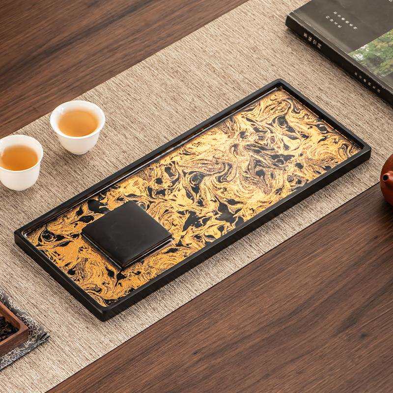 仿古大漆乌金石干泡盘家用小型茶台现代简约茶盘托盘壶承茶道配件