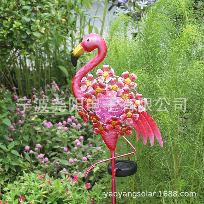 跨境新品太阳能火烈鸟铁艺灯 玻璃铁艺火烈鸟工艺品灯 LED户外灯