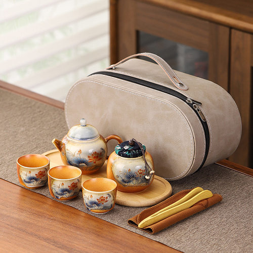 复古仿柴烧一壶三杯旅行茶具套装批发户外便携式旅行快客陶瓷茶具