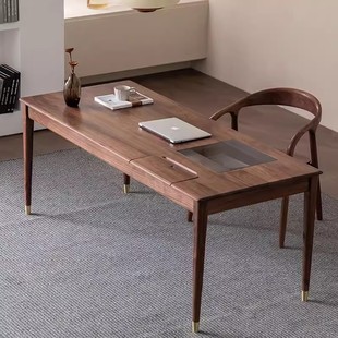 北美电脑桌学生家用书桌铜脚樱桃木黑办公桌书房北欧胡桃木全实木
