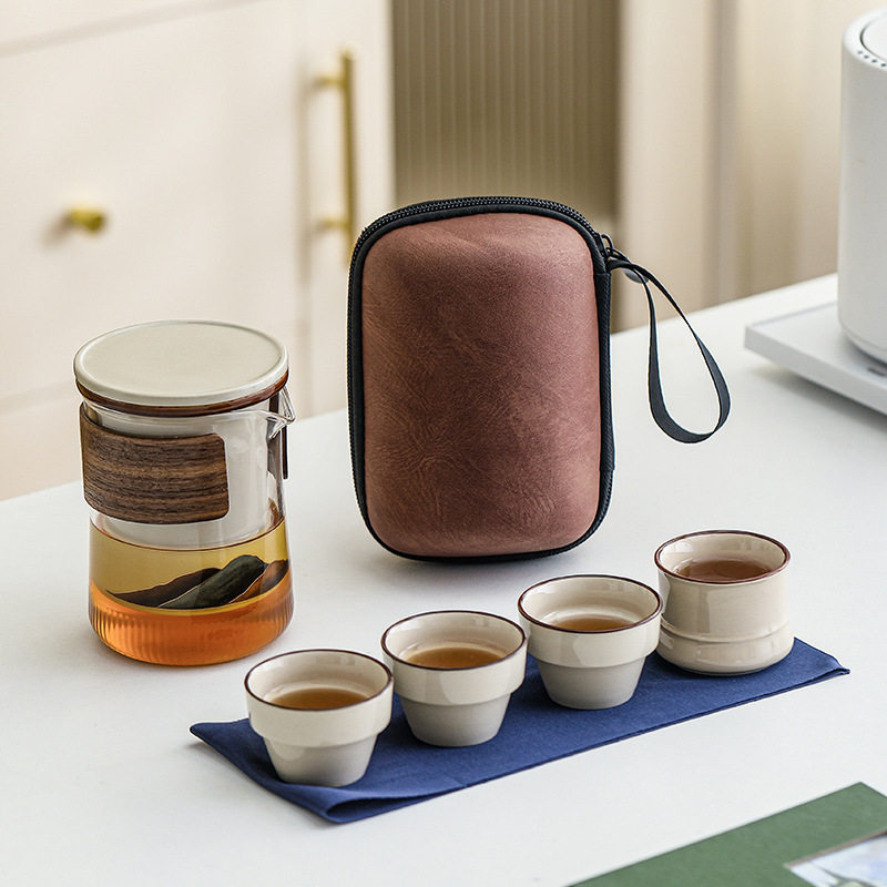草木灰便携式玻璃旅行茶具套装简约户外泡茶壶茶杯简易露营快客杯