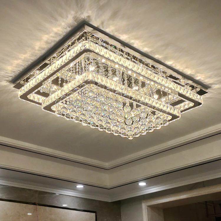不锈钢水晶灯长方形轻奢客厅灯led吸顶灯简约奢华现代卧室灯具