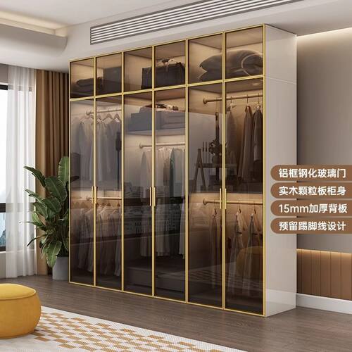 轻奢玻璃门网红衣柜卧室家用实木质收纳储物柜小户型组装衣橱边柜