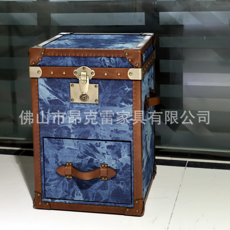 佛山家具美式乡村牛仔布艺配头层牛皮角柜客厅卧室床头柜带储物抽