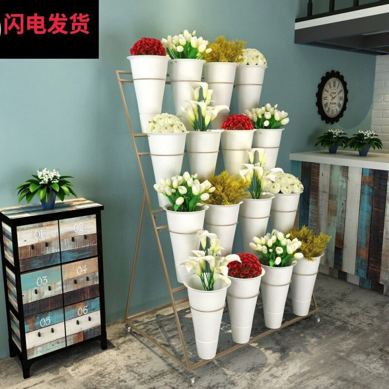 北欧金色大号花店花架可移动铁艺多层鲜花展示架塑料花桶架子展示