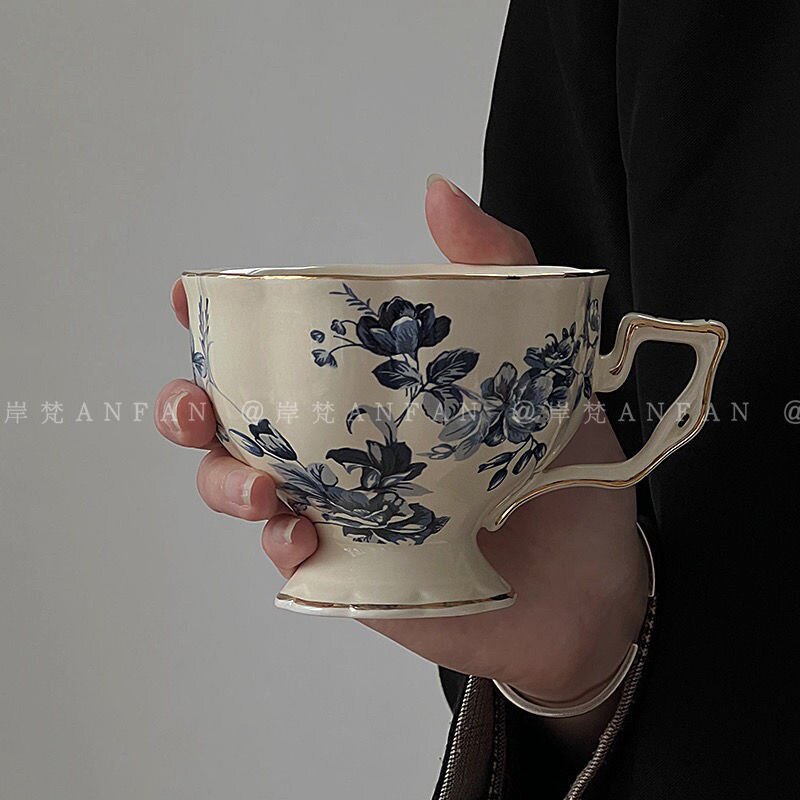 复古蓝玫瑰花卉杯碟中古法式下午茶陶瓷杯时尚高级咖啡杯碟手工