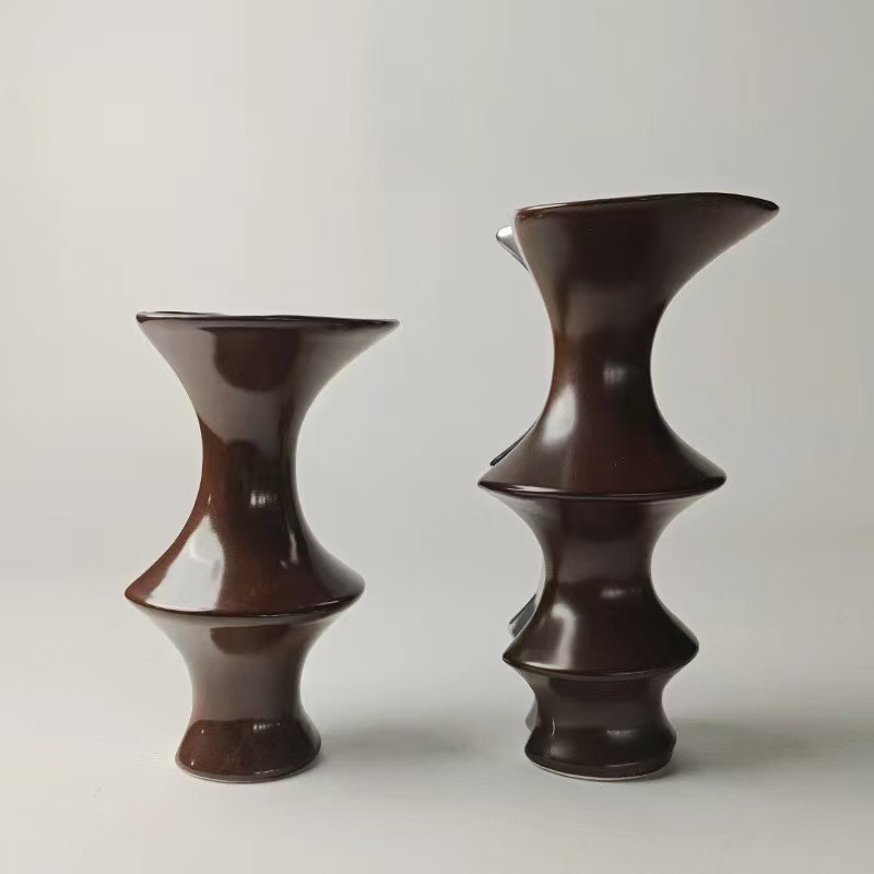 新中式轻奢红色系手工陶瓷花瓶家居样板间竹节插花器软装饰品摆件