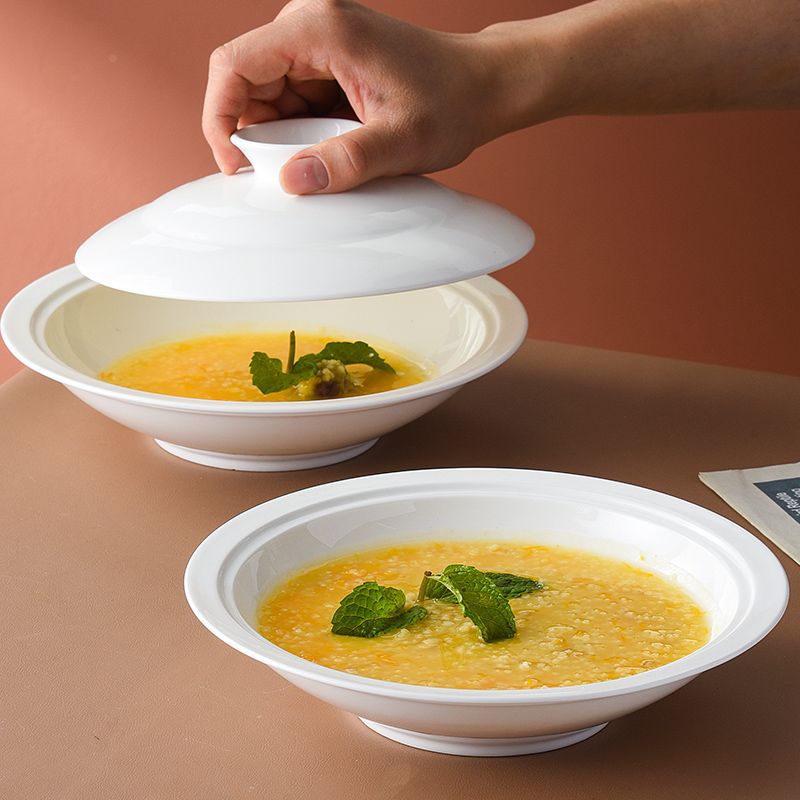 白色骨瓷和合器带盖盘子菜盘家用蒸蛋碗蒸鱼盘微波炉汤盘深盘餐盘