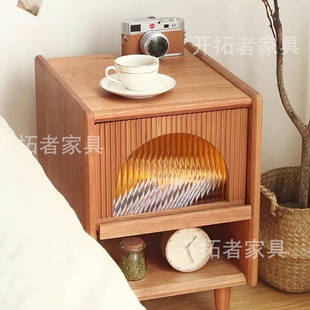日式实木床边柜 樱桃木家用卧室原木色床头柜 小户型沙发边小柜子