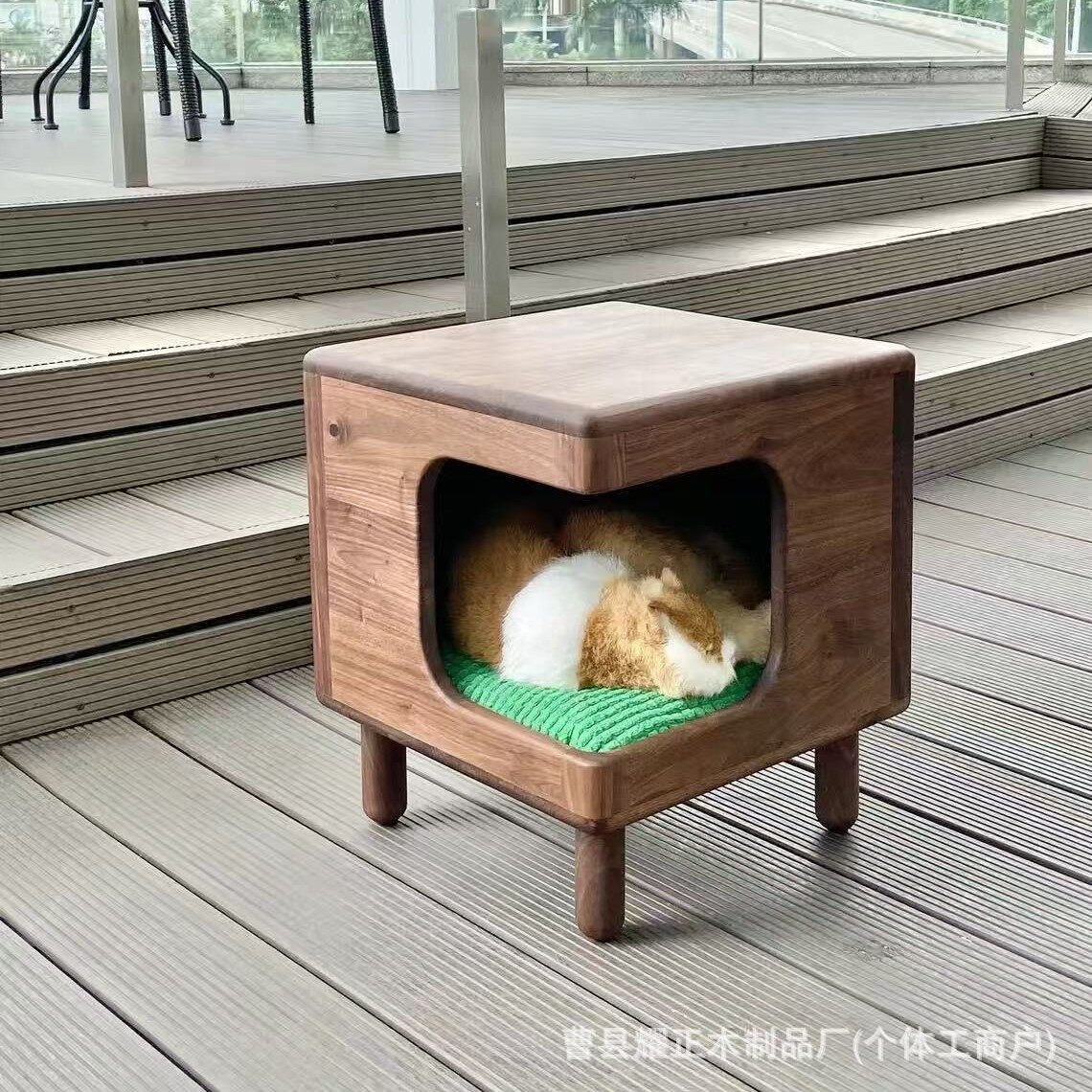北美黑胡桃木猫窝全实木猫房间房子人猫共用猫窝凳床头柜