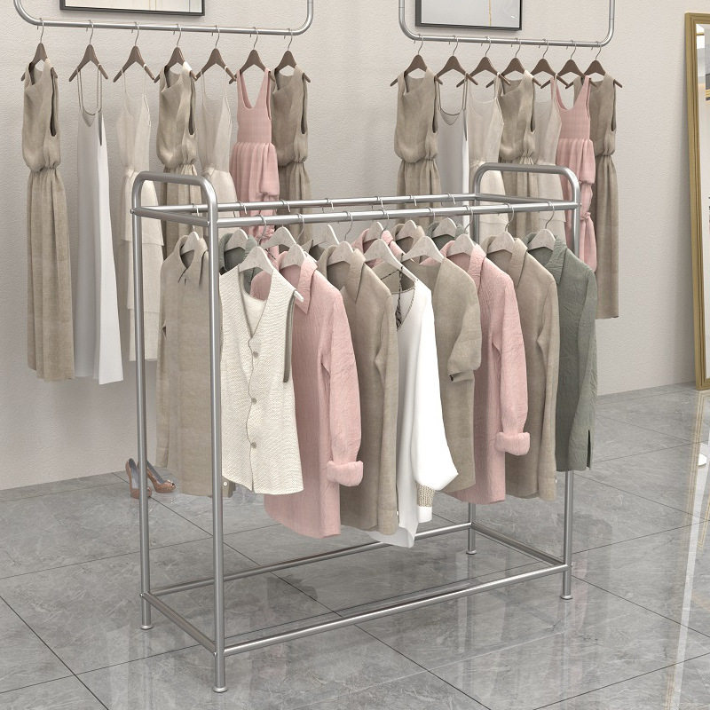 不锈钢服装店展示架双排中岛架落地双杠挂衣架可移动服装陈列货架
