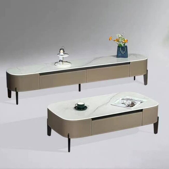 新式别墅微晶石电视柜双抽屉茶几组合隐藏维缓导轨马鞍皮柜身