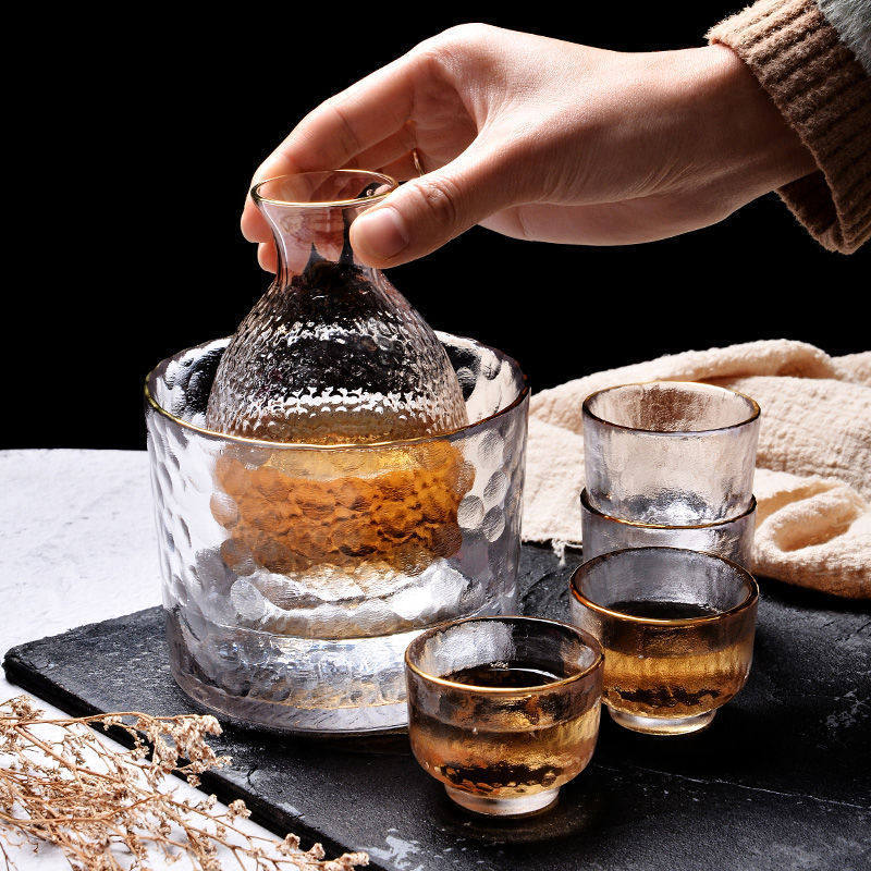 日式金边锤纹玻璃烫酒壶家用酒杯清酒酒具套装加热白酒分酒器温酒