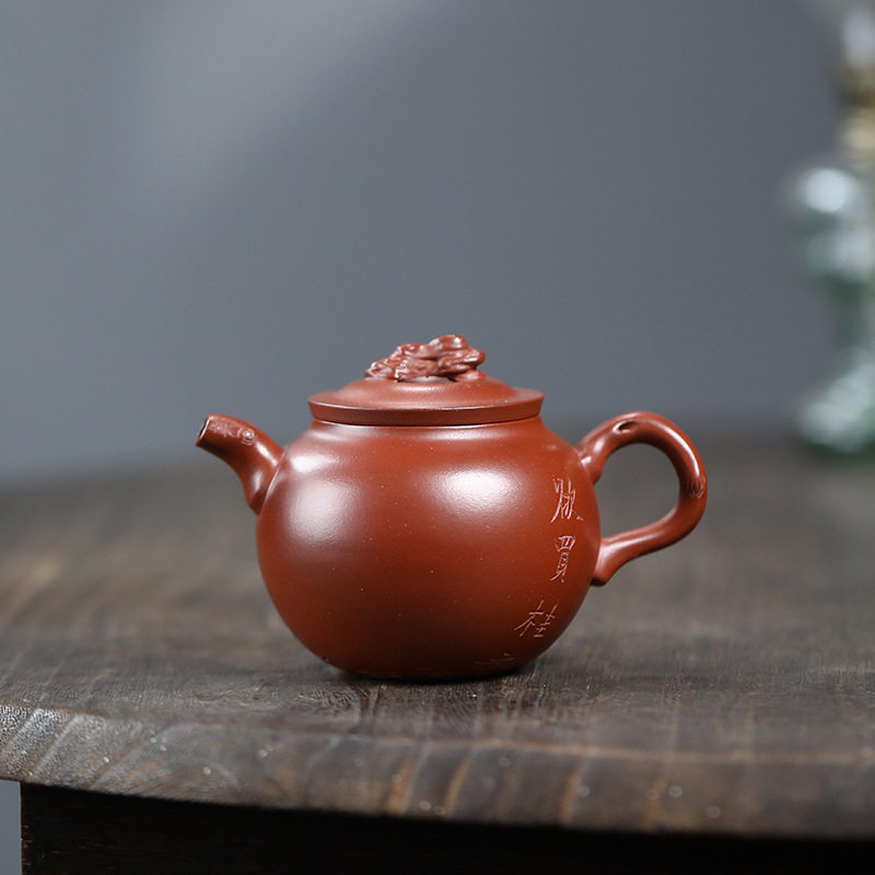 现货批发 紫砂壶宜兴名家手工茶壶红皮龙观石壶 人文茶具礼品单壶