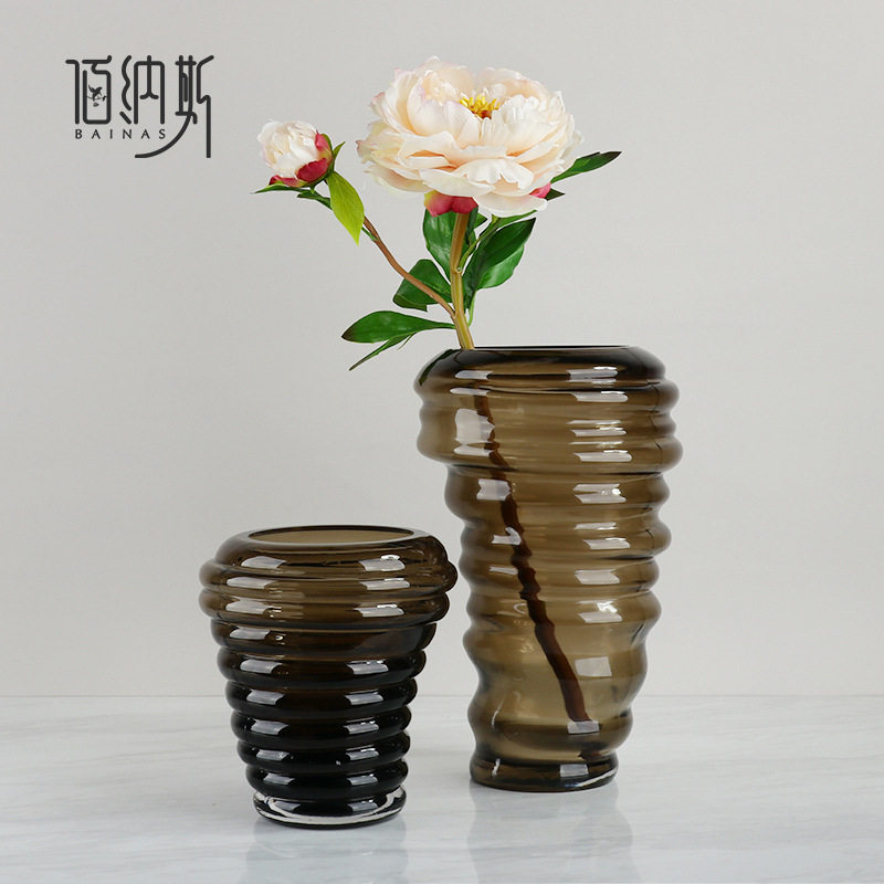 轻奢简约螺旋造型深棕色样板房间桌面玄关玻璃插仿真花瓶装饰摆件