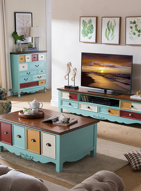 至高美式茶几电视柜组合实木地柜地中海客厅型家具蓝色视听柜整装