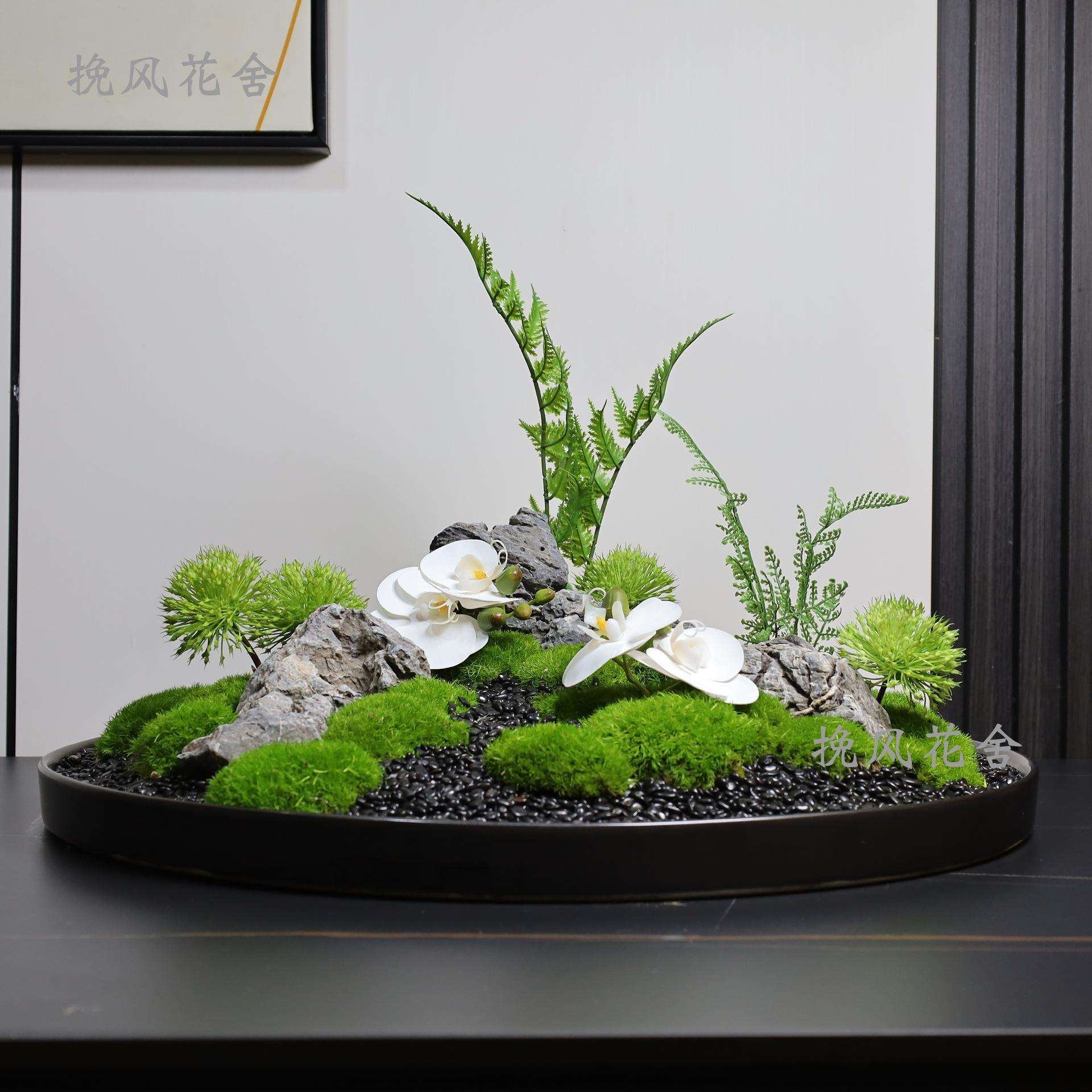 新中式酒店圆桌转盘中间摆件餐桌摆台永生苔藓微景观桌面景观花艺