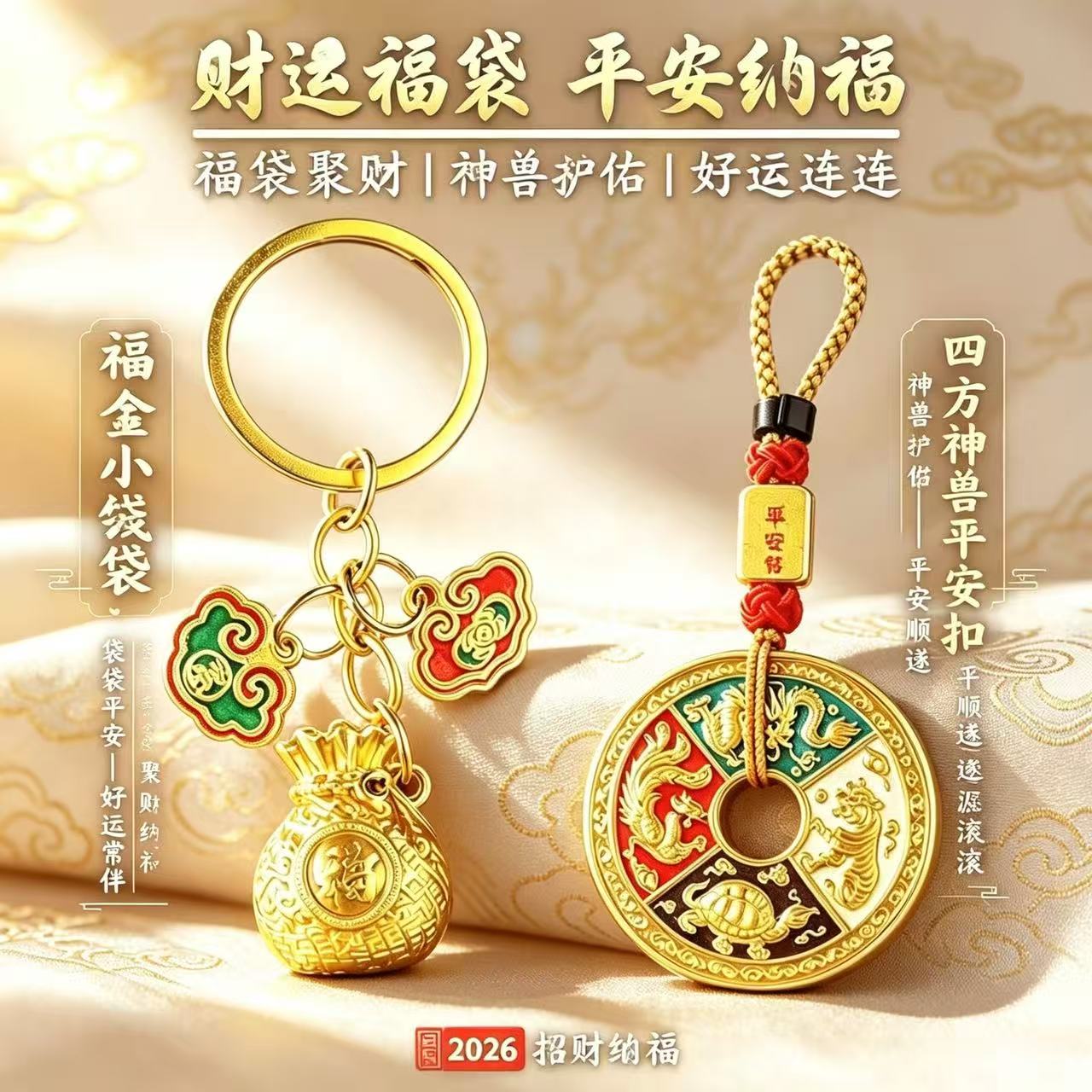 【师傅推荐】福全财满钱袋子袋袋聚财彩绘四方神兽平安扣钥匙扣