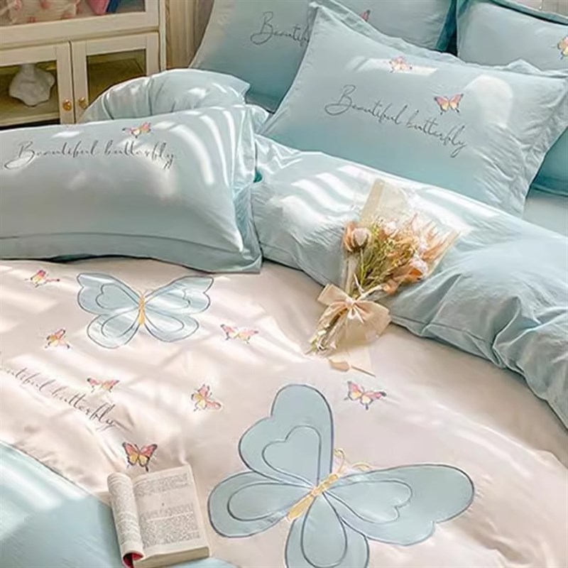 春夏款公主风四件套水洗棉少女心被套床单床上床品小清新床笠款4