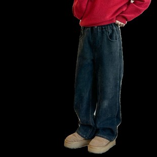 男女童牛仔裤加绒加厚冬装中大童新年黑色直筒长裤阔腿裤儿童裤子