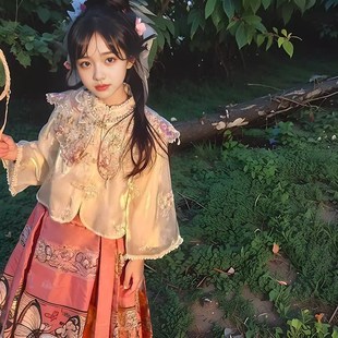 汉服女童新中式日常明制儿童中国风云肩马面裙粉色表演服套装云肩