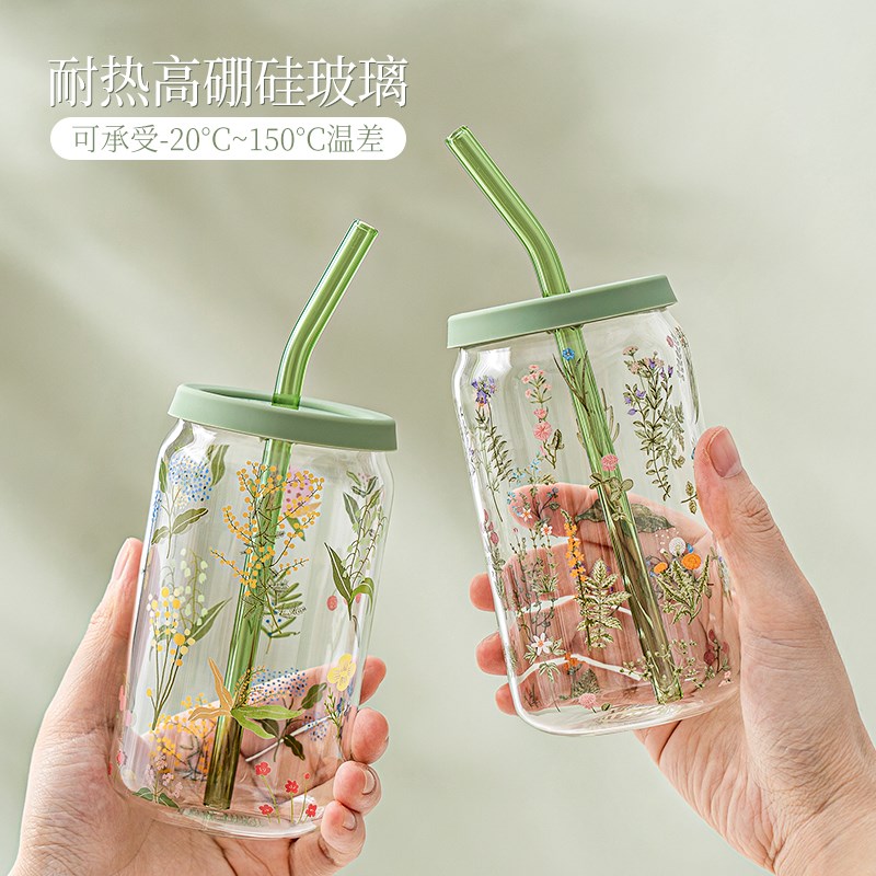 西比尔小清新玻璃杯吸管杯耐热家用带盖带吸管饮料杯随手杯高颜值