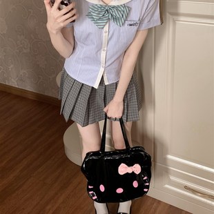 星星抱月球jk制服水手领条纹收腰衬衫女短袖夏拼色上衣学院风衬衣