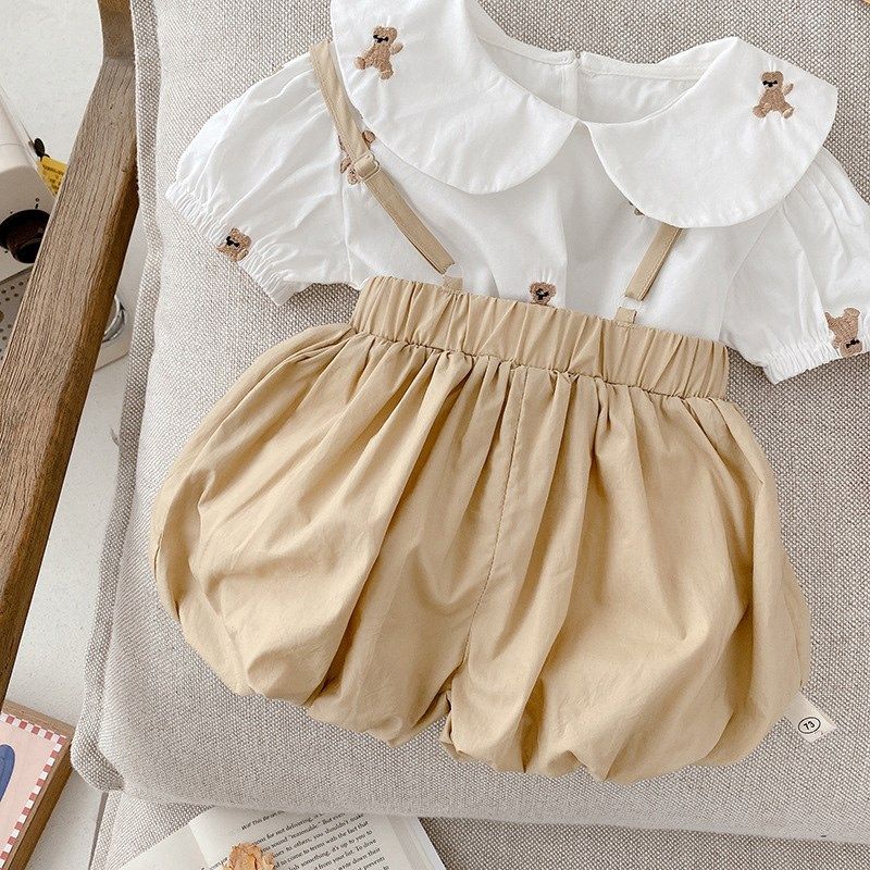 儿童文艺风套装韩国童装夏季女宝宝娃娃领短袖上衣婴儿背带短裤子,童装/婴儿装/亲子装,套装,淘宝优惠券,粉丝福利购,淘宝优惠卷
