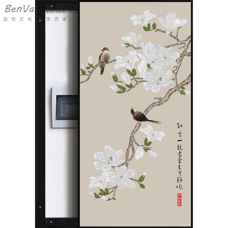 新中式装饰电表箱遮挡挂画花鸟壁画配电箱推拉超大加长弱电箱定做