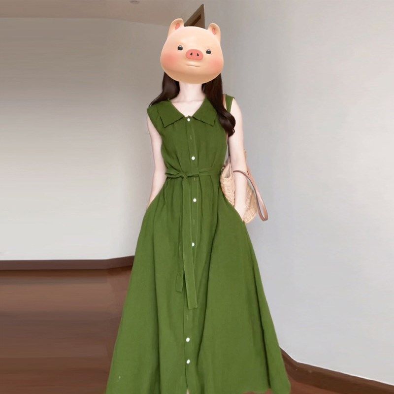 法式复古高级设计感收腰茶歇长裙森系绿色气质无袖背心连衣裙女夏,女装/女士精品,连衣裙,淘宝优惠券,粉丝福利购,淘宝优惠卷