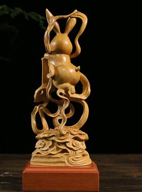 小叶黄杨木雕中式家居饰品雕刻工艺摆件文化礼品生肖兔子大展宏图
