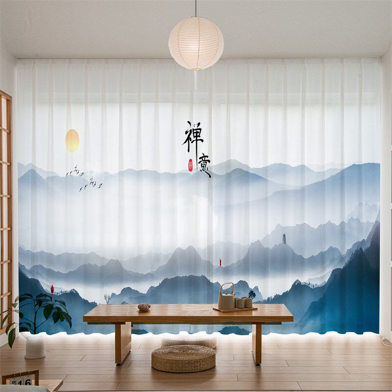 新中式禅意水墨山水画中国风茶室阳台窗帘透光不透人纱帘隔断帘挂