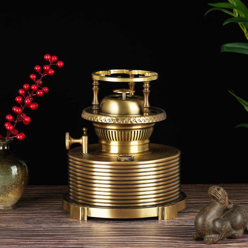 新品空气灯潮汕纯铜煮水茶灯 酥油茶炉中式茶具 老式方锦元煤油灯
