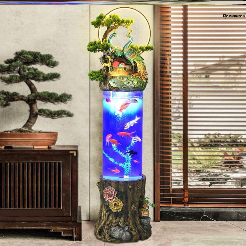 。圆柱型鱼缸圆柱形金鱼缸免换水客厅办公室落地流水喷泉摆件家居