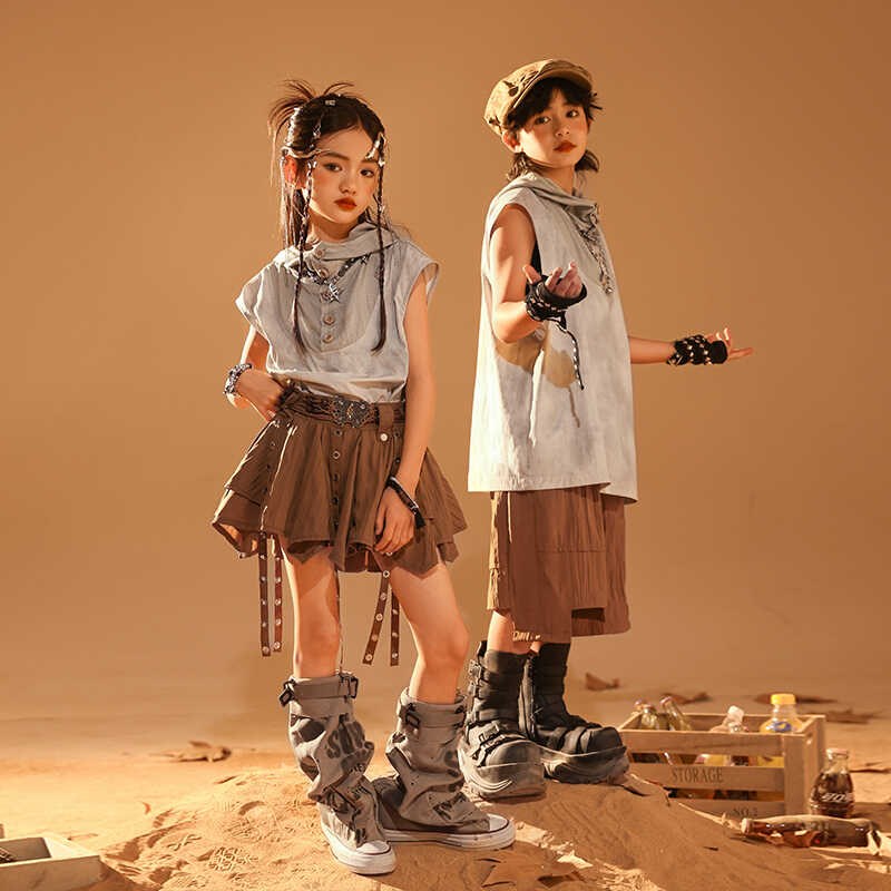 儿童街舞服男童沙丘废土风连帽背心架子鼓服女童爵士舞走秀表演服