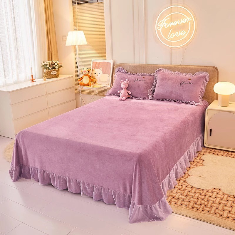冬季床裙牛款奶绒四件套冬款珊瑚绒加厚双面绒公主风保暖蕾丝被套