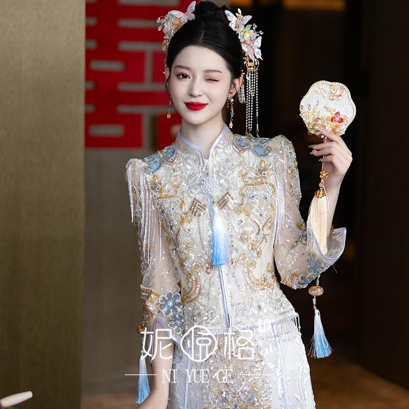浅色系秀禾服新娘结婚敬酒服2024新款复古龙凤褂传统新娘出阁嫁衣