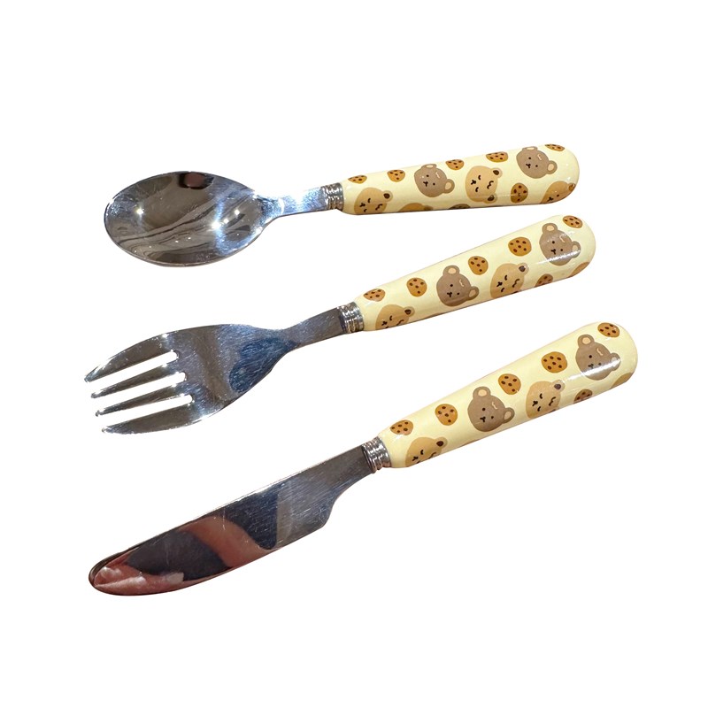 奶油曲奇熊儿童勺子陶瓷手柄304不锈钢宝宝吃饭家用餐勺叉子餐具