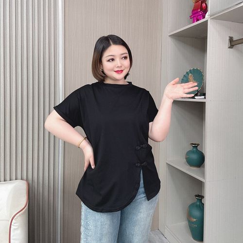 新中式国风盘扣短袖T恤女夏装新款大码胖mm宽松显瘦休闲开叉上衣